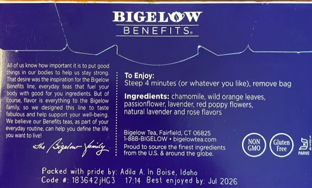 Herbal Tea Bigelow Benefits Sleep with Chamomile & Lavender