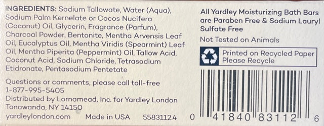 Barra de baño hidratante de carbón activado Yardley London con arcilla de bentonita