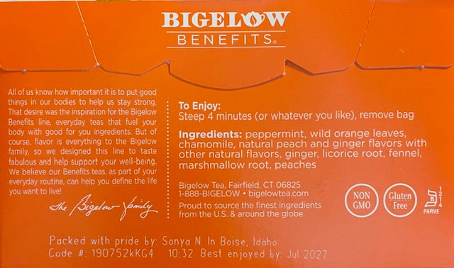 Herbal Tea Bigelow Benefits Calm Stomach Ginger & Peach 18 bags