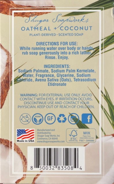 Shugar Soapworks Jabón perfumado de avena y coco