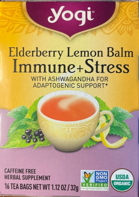 Té de hierbas Yogi Saúco Bálsamo de limón Inmune + Estrés con Ashwagandha para apoyo adaptógeno