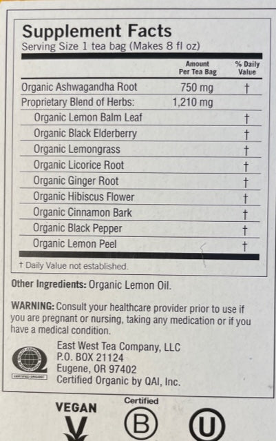 Té de hierbas Yogi Saúco Bálsamo de limón Inmune + Estrés con Ashwagandha para apoyo adaptógeno