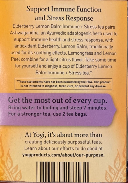 Té de hierbas Yogi Saúco Bálsamo de limón Inmune + Estrés con Ashwagandha para apoyo adaptógeno